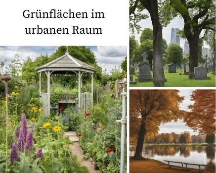 Es werden 3 Ansichten von Gr&uuml;nfl&auml;chen in der Stadt gezeigt: ein &uuml;ppiger Garten mit Laube, ein alter Friedhof und ein Park mit See im Herbst