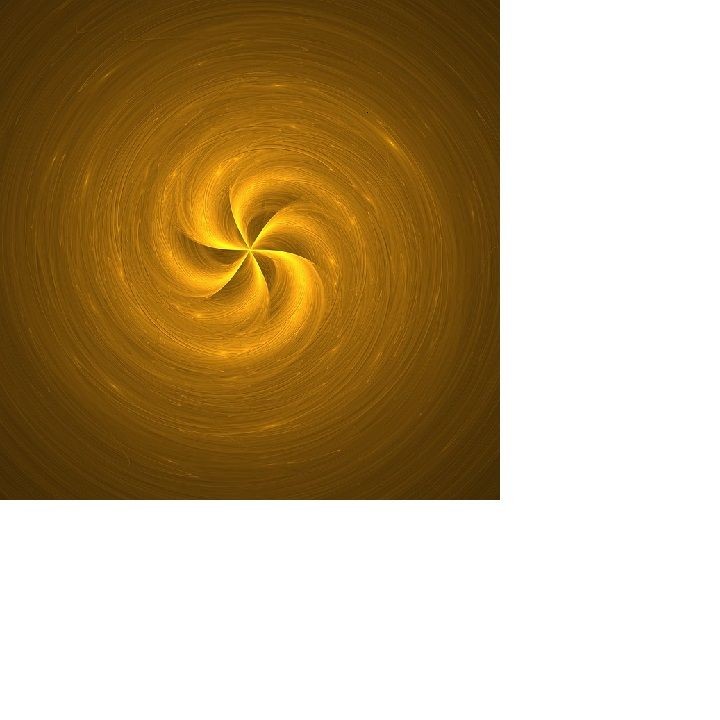 Abstrakte, goldfarbene Spiralstruktur mit mehreren geschwungenen Armen, die sich um ein zentrales Lichtdreieck drehen:
