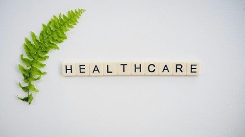 Das Wort Healthcare mit Scrabblesteinen gelegt und einem Farnblatt daneben.