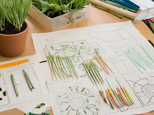 Auf einem Tisch liegt ein Gartengrundriss mit ausgef&uuml;llten Bereichen, darauf verschiedene Stifte. Am oberen Bildrand stehen Pflanzen in T&ouml;pfen.