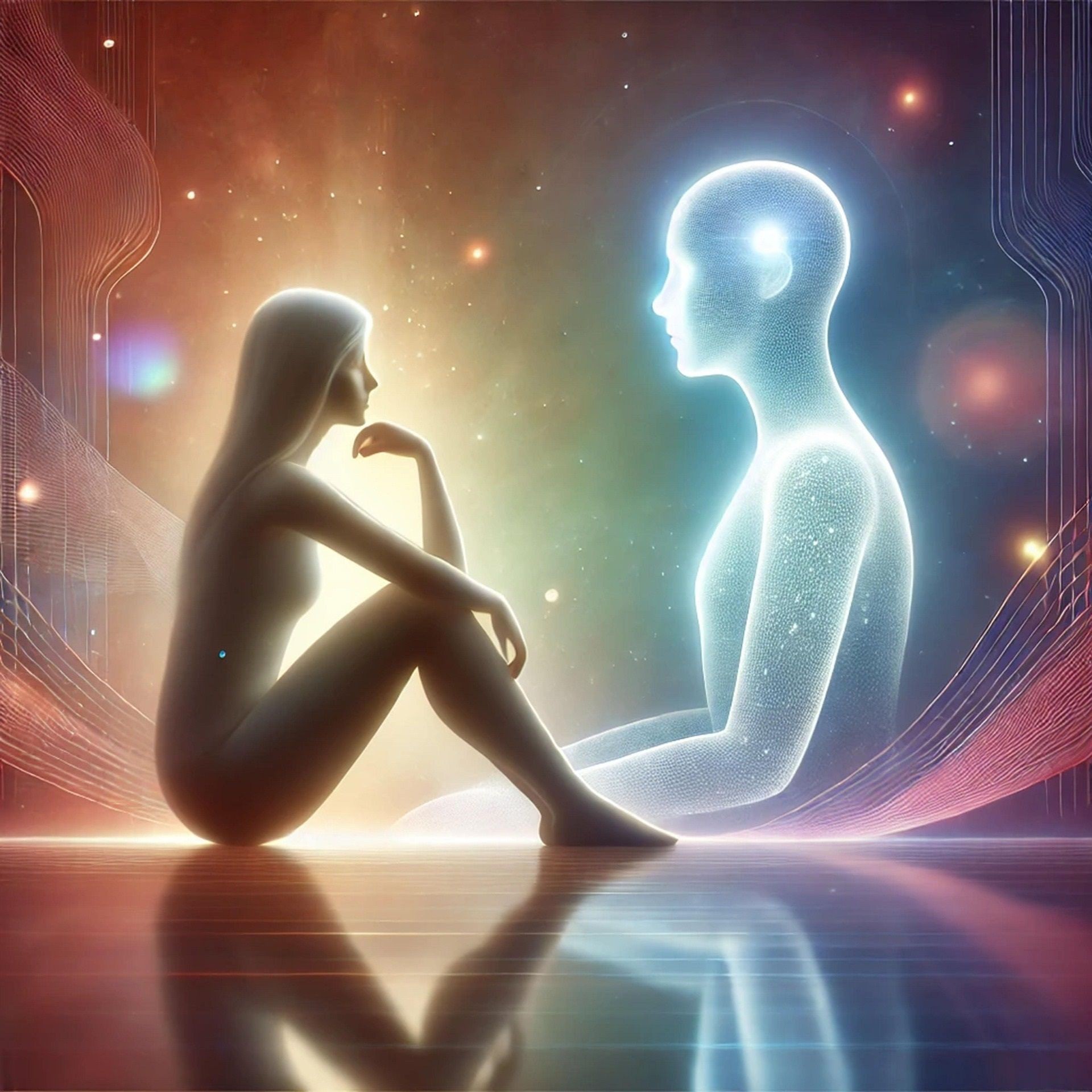 Frau sitzt gegen&uuml;ber eines Holograms