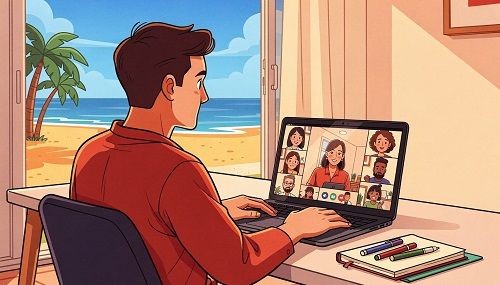 Mann sitzt vor dem Laptop in einem Videokonferenz.Im Hintergrund sieht man den Strand durch den Fenster.