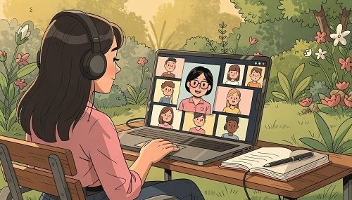 Frau mit Kopfh&ouml;rer sitzt im Garten vor dem Laptop in einem Videokonferenz.Im Hintergrund sieht man verschieden Blumen,