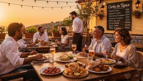 Verschiedene Menschen sind auf der Terrasse eines Restaurants in Spanien. Sie essen verschiedene Tapas. Im Hintergrund kann man die Karte lesen.