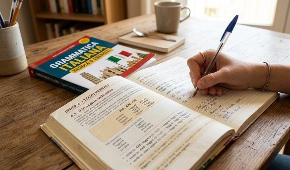 Eine Person macht die &Uuml;bungen in einem Italienischbuch.