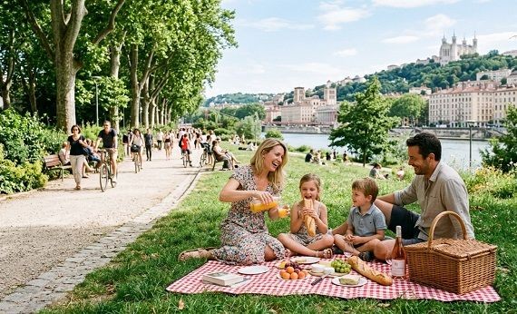 Eine Familie im Park bei einem sonnigen Picknick.