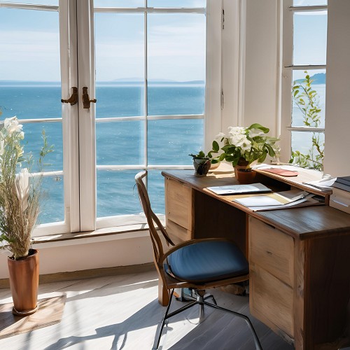Schreibtisch mit Ausblick aufs Meer
