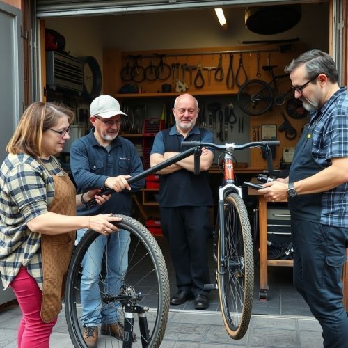 Einige Personen stehen mit und ohne Fahrradteile in den H&auml;nden vor einer Garage, in der eine Fahrradwerkstatt eingerichtet ist, und sind mit einer Reparatur besch&auml;ftigt.