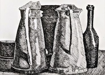 Bleistiftzeichnung Kannen und Flasche