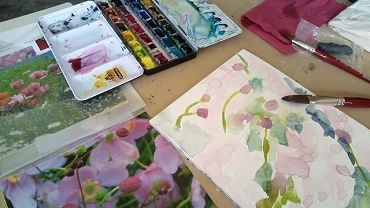 Aquarellbilder mit Tuschkasten und Pinseln