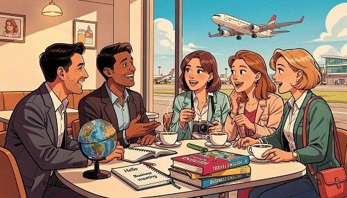 2 M&auml;nnern und 3 Frauen sitzen im Caf&eacute; am Flughafen.
 Auf dem Tisch liegen 2 B&uuml;cher: Travel English und Business Englisch.
Im Hintergrund sind Flugzeuge zu sehen.
