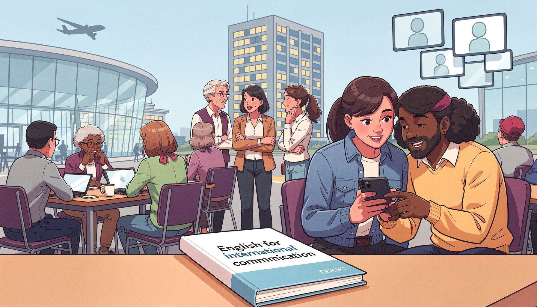 Eine Gruppe von etwa 6 bis 8 Erwachsenen sitzen um einen gro&szlig;en Tisc vor einem ge&ouml;ffneten Laptop oder schauen sie gemeinsam auf ein Smartphone.Im Hintergrund ist der Flughafen.