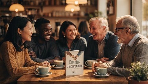 F&uuml;nf Personen trinken Kaffee und unterhalten sich.