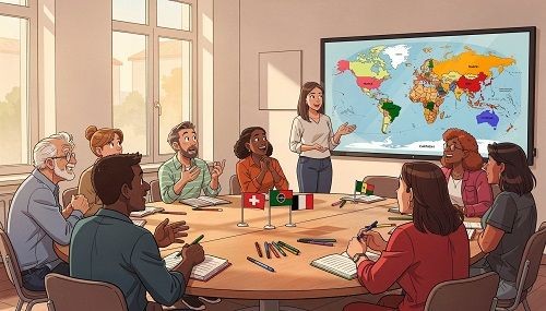 Heller Kursraum. Diverse Erwachsene sitzen um einen Tisch und sprechen mit Lehrerin. Auf Tisch sind Fahnen der frankophoner L&auml;nder. Im Hintergrund ist eine Weltkarte.