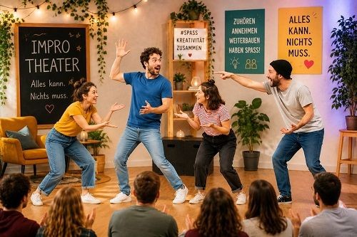 vier Personen auf einer B&uuml;hne f&uuml;hren ein Improtheater vor. 