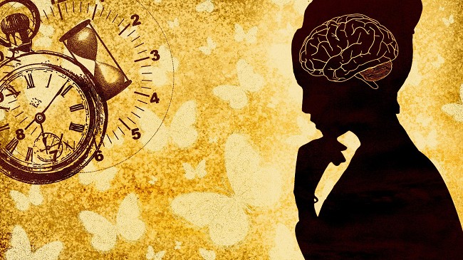 ein Schattenbild einer Person, mit sichtbarem Gehirn und eine Taschenuhr auf der linken Bildh&auml;lfte
