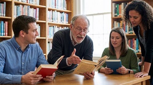 Eine Gruppe von vier Personen die sich angeregt in einer Bibliothek mit aufgeschlagenen B&uuml;chern unterhalten