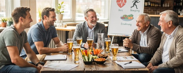 5 M&auml;nner sitzen um einen Tisch. Auf dem Tisch stehen Gl&auml;ser mit Bier und gesunde Snacks