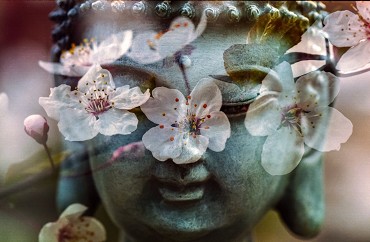 Eine Buddha Figur mit Blumen