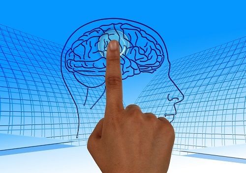 Hintergrund hellblaue, dreidimensionale Gitterstruktur, in der Mitte ist blaue Silhouette eines menschlichen Kopfes als Profil dargestellt, ein Zeigefinger ber&uuml;hrt das gezeichnete Gehirn.