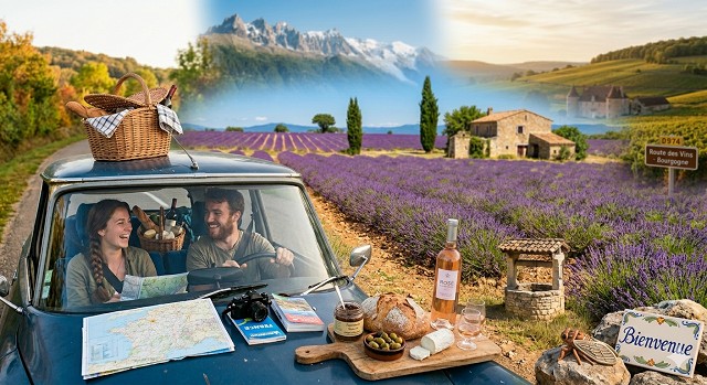 Auto auf Lavendelfeld. Paar macht Picknick auf der Motorhaube. Im Hintergrund Berge und Lavendelfelder
