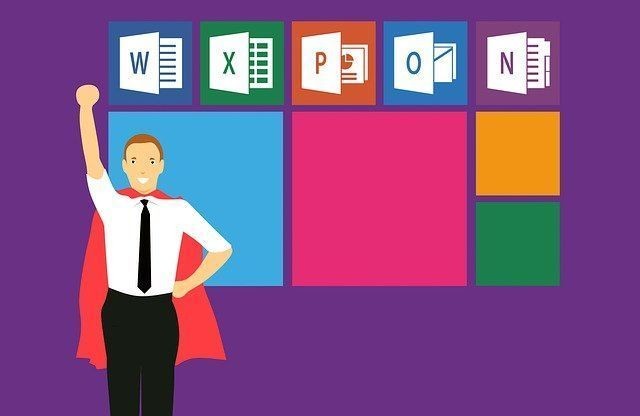 Illustration Superheld, Roter Umhang,bunte Microsoft Office Anwendungen 