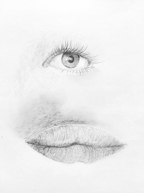 Bleistiftzeichnung von einem Auge und Mund