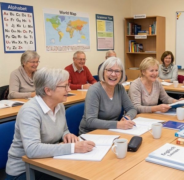 Seniorengruppe in einem Klassenzimmer lernt Englisch